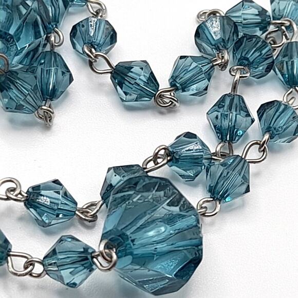 Vintage Blue Bicone Acrylic Bead Necklace, Wire Wrapped, No Clasp, 48 Inches - Picture 5 of 12
